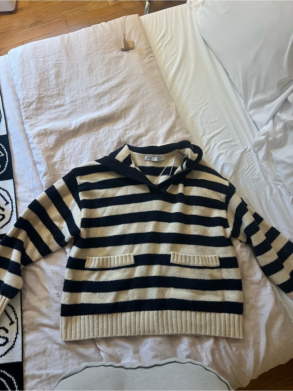 Zara Navy and Cream Striped Hooded Knit